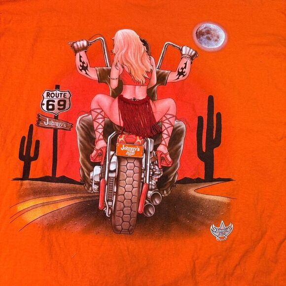 Vtg Johnny’s Route 69 Biker Pinup T-Shirt Orange Sz XL Motorcycle Chopper Moon - Picture 11 of 16